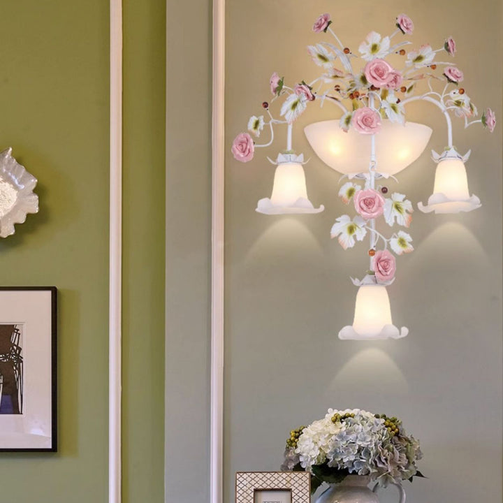Traditional Farmhouse Ceramic Iron Glass Handmade Floral Rose 5-Light Wall Sconce Lamp For Hallway