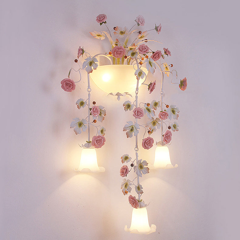 Traditional Farmhouse Ceramic Iron Glass Handmade Floral Rose 5-Light Wall Sconce Lamp For Hallway