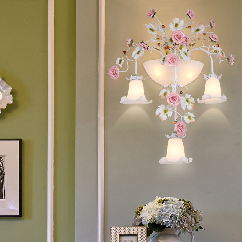 Traditional Farmhouse Ceramic Iron Glass Handmade Floral Rose 5-Light Wall Sconce Lamp For Hallway