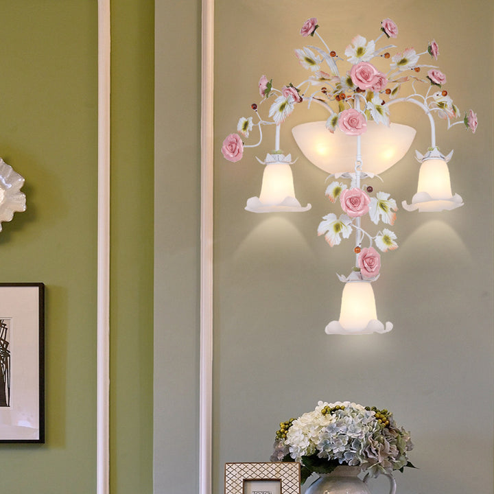 Traditional Farmhouse Ceramic Iron Glass Handmade Floral Rose 5-Light Wall Sconce Lamp For Hallway