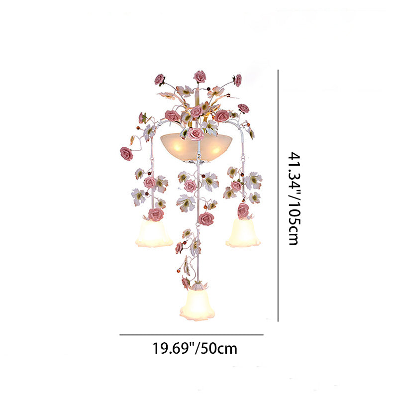 Traditional Farmhouse Ceramic Iron Glass Handmade Floral Rose 5-Light Wall Sconce Lamp For Hallway