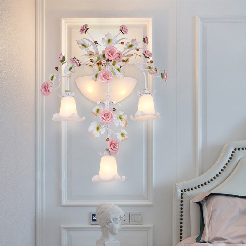 Traditional Farmhouse Ceramic Iron Glass Handmade Floral Rose 5-Light Wall Sconce Lamp For Hallway