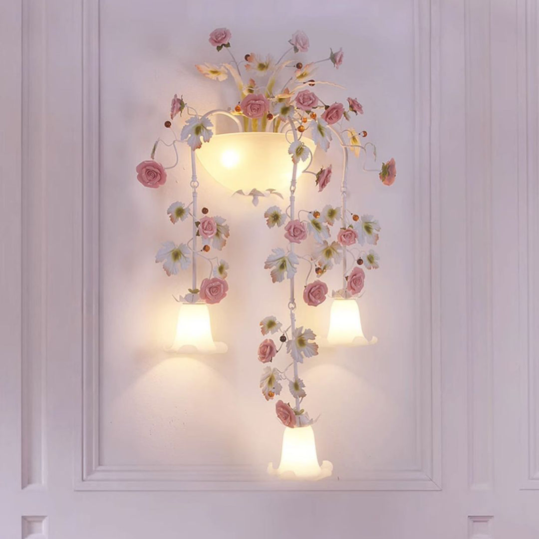Traditional Farmhouse Ceramic Iron Glass Handmade Floral Rose 5-Light Wall Sconce Lamp For Hallway