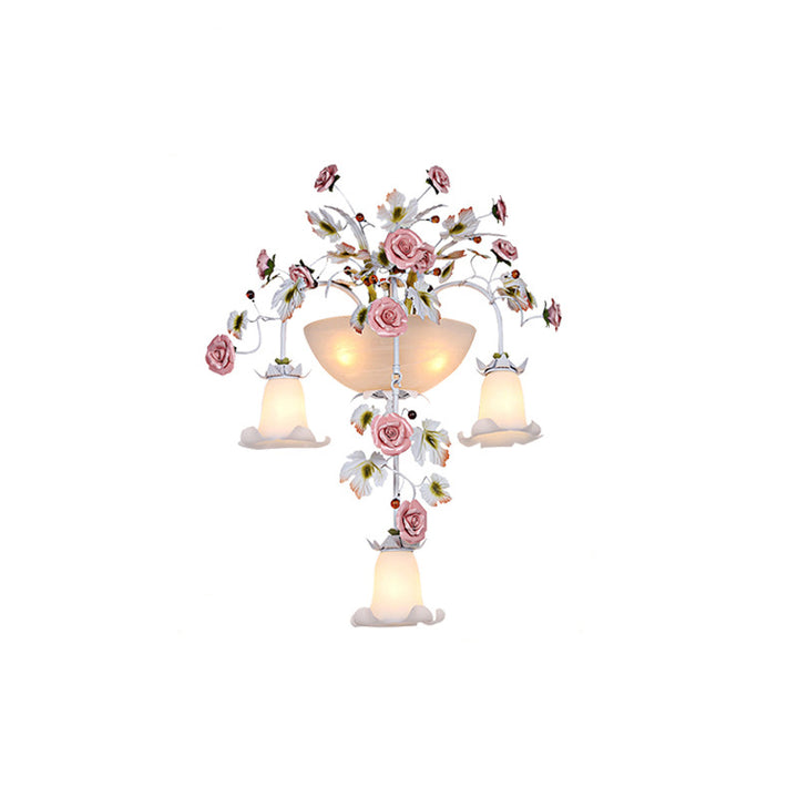 Traditional Farmhouse Ceramic Iron Glass Handmade Floral Rose 5-Light Wall Sconce Lamp For Hallway
