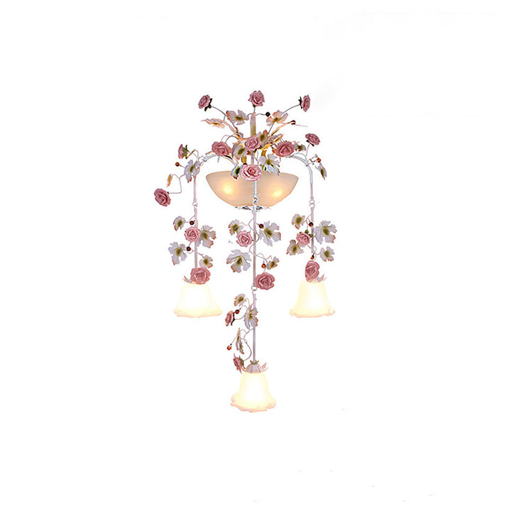 Traditional Farmhouse Ceramic Iron Glass Handmade Floral Rose 5-Light Wall Sconce Lamp For Hallway