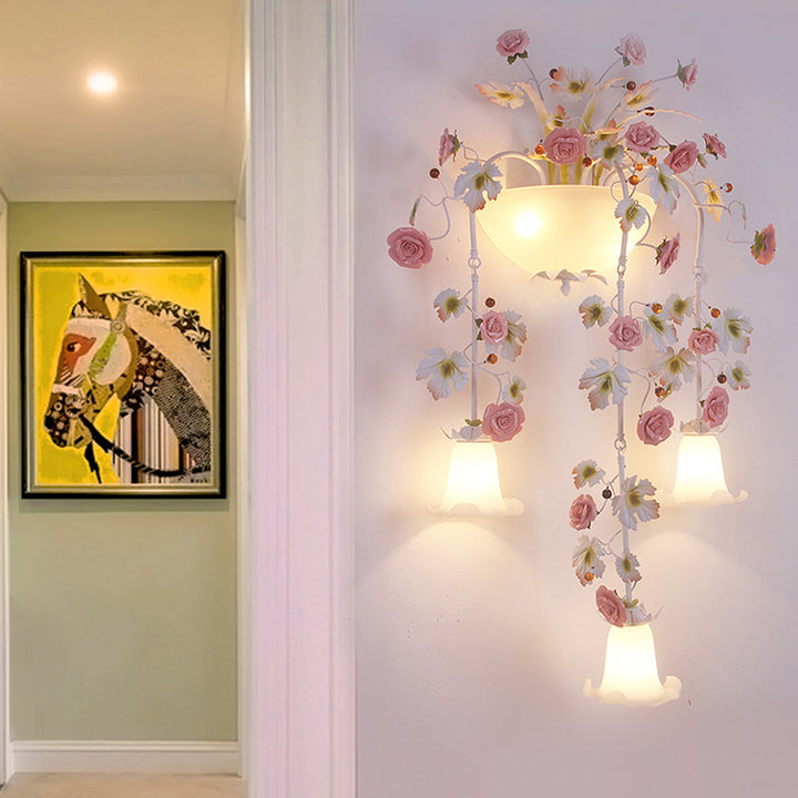 Traditional Farmhouse Ceramic Iron Glass Handmade Floral Rose 5-Light Wall Sconce Lamp For Hallway