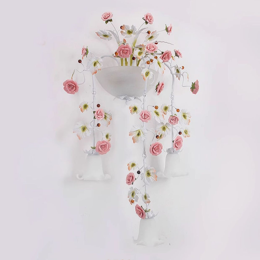 Traditional Farmhouse Ceramic Iron Glass Handmade Floral Rose 5-Light Wall Sconce Lamp For Hallway