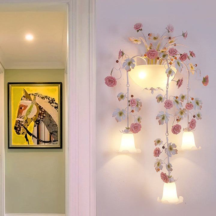 Traditional Farmhouse Ceramic Iron Glass Handmade Floral Rose 5-Light Wall Sconce Lamp For Hallway