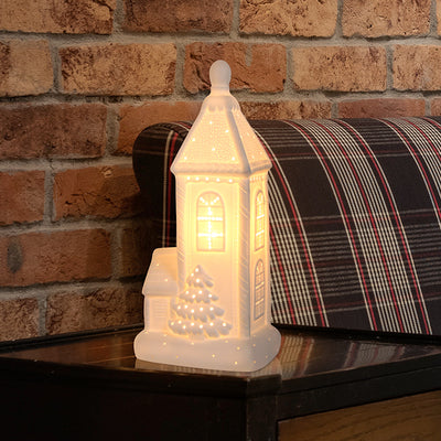 Contemporary Nordic Battery Ceramic Pointed House Christmas Tree LED Table Lamp Night Light For Bedroom