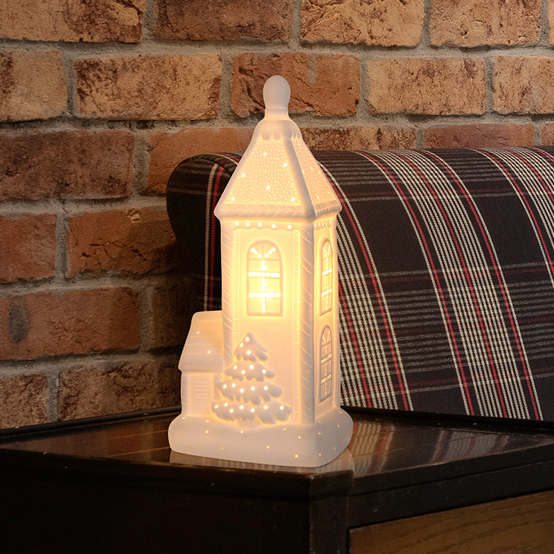 Contemporary Nordic Battery Ceramic Pointed House Christmas Tree LED Table Lamp Night Light For Bedroom