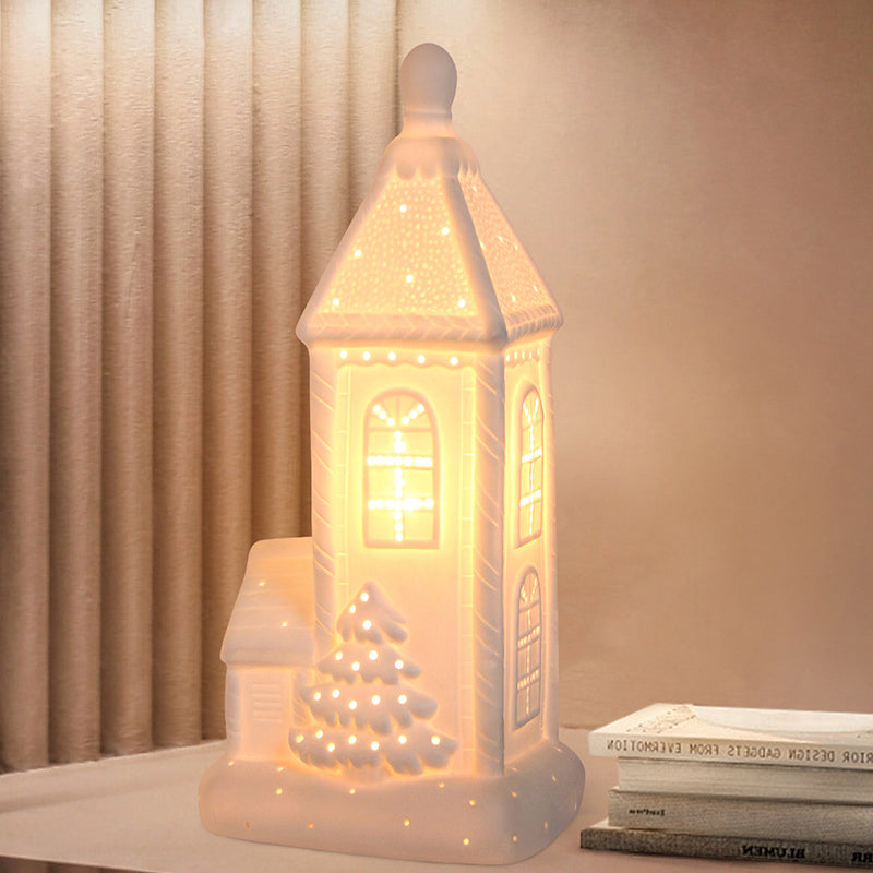 Contemporary Nordic Battery Ceramic Pointed House Christmas Tree LED Table Lamp Night Light For Bedroom