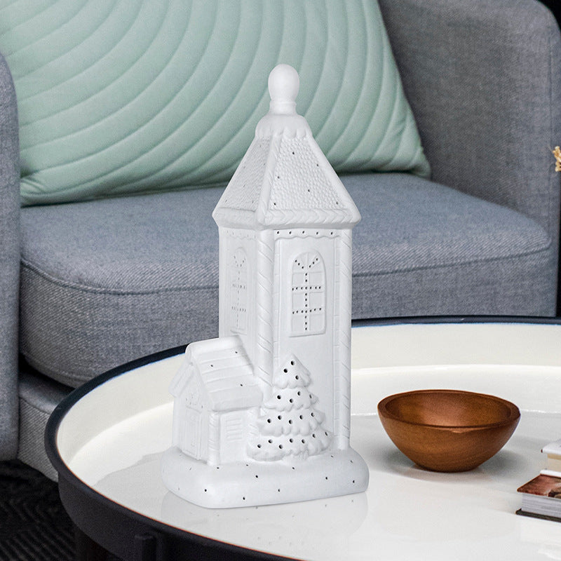 Contemporary Nordic Battery Ceramic Pointed House Christmas Tree LED Table Lamp Night Light For Bedroom