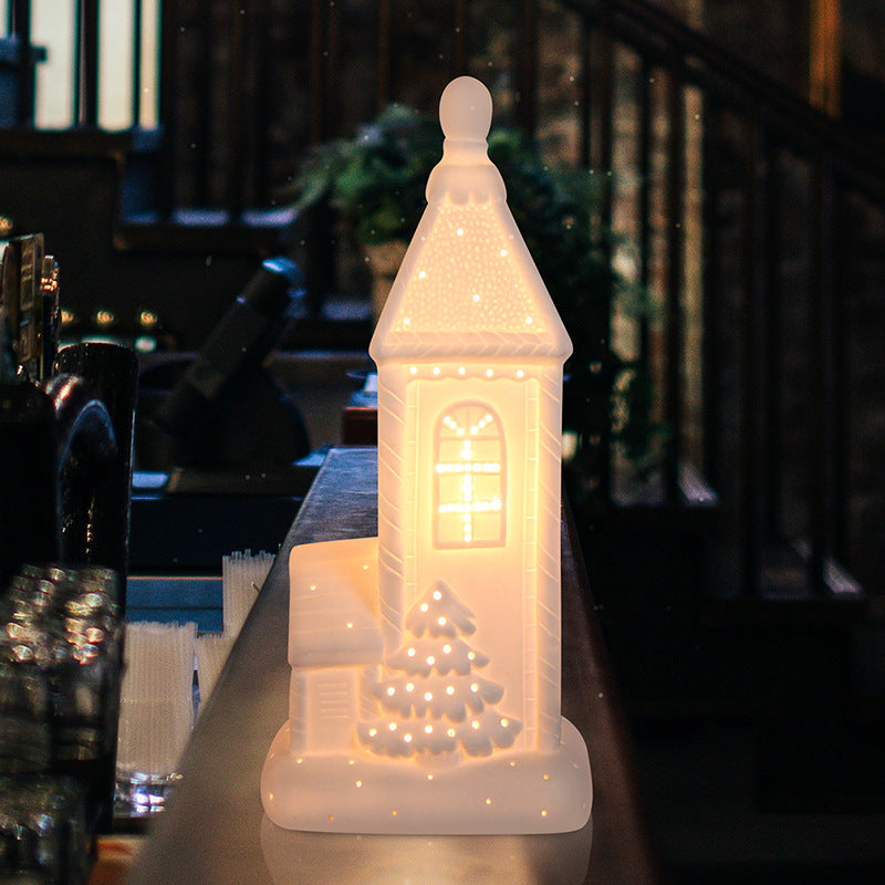Contemporary Nordic Battery Ceramic Pointed House Christmas Tree LED Table Lamp Night Light For Bedroom