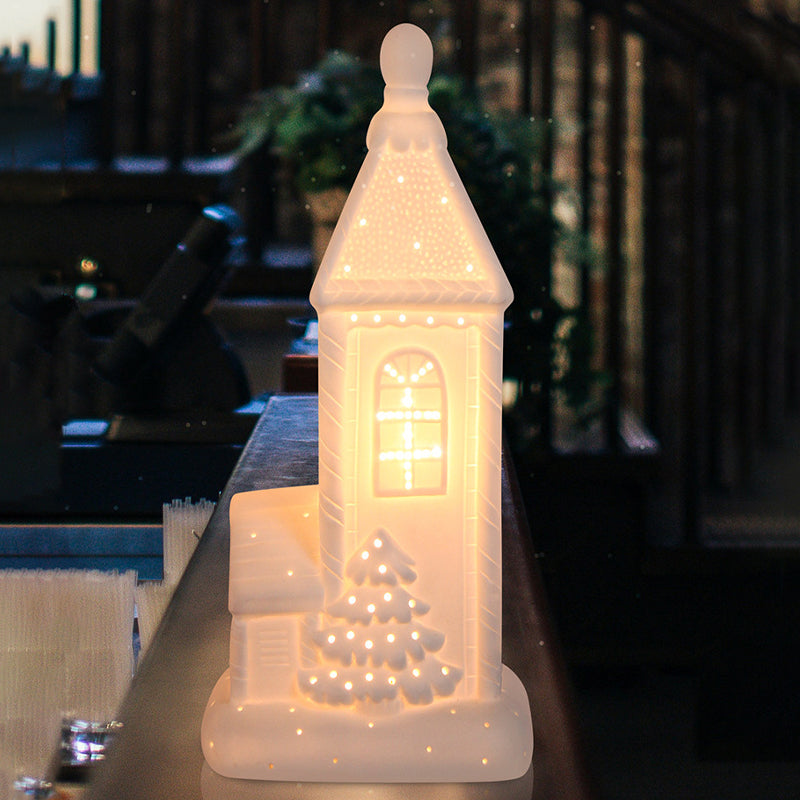 Contemporary Nordic Battery Ceramic Pointed House Christmas Tree LED Table Lamp Night Light For Bedroom
