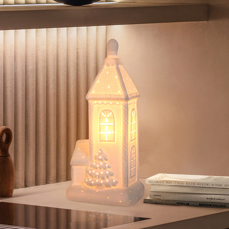 Contemporary Nordic Battery Ceramic Pointed House Christmas Tree LED Table Lamp Night Light For Bedroom