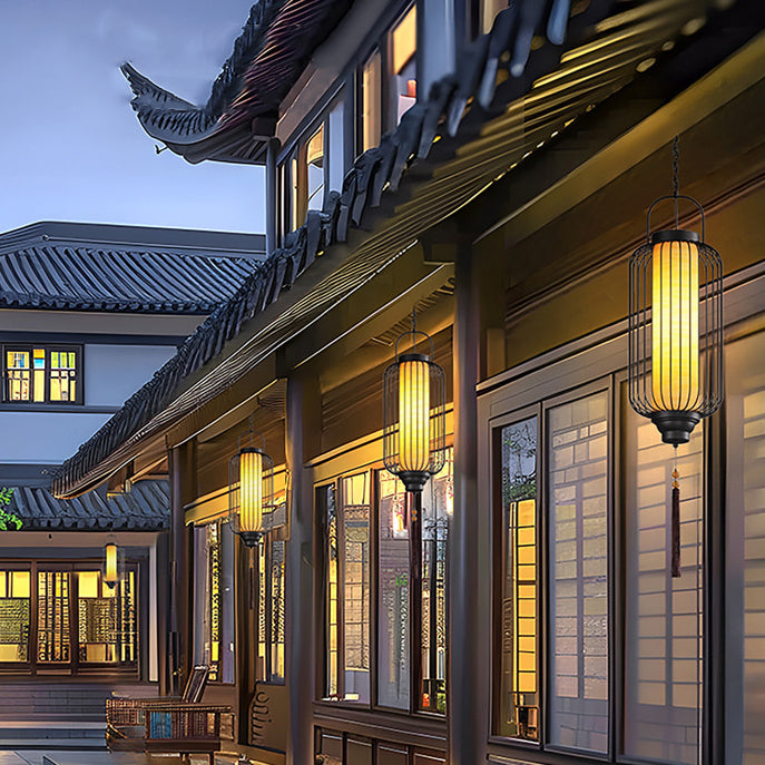 Linterna Tradicional China Impermeable de Acero al Carbono Imitación de Mármol Cilindro Hueco Jaula de 1 Luz Lámpara Colgante Luz Exterior Para Patio al Aire Libre 