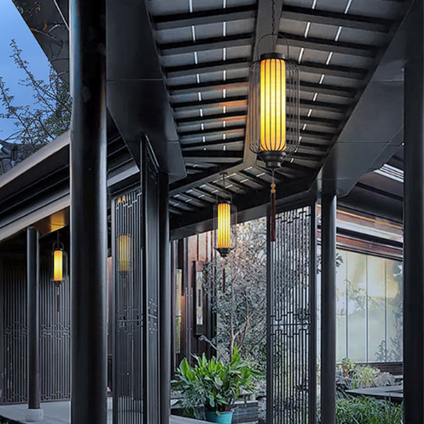 Linterna Tradicional China Impermeable de Acero al Carbono Imitación de Mármol Cilindro Hueco Jaula de 1 Luz Lámpara Colgante Luz Exterior Para Patio al Aire Libre 