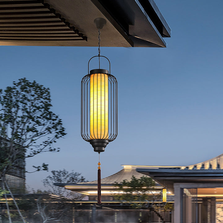 Linterna Tradicional China Impermeable de Acero al Carbono Imitación de Mármol Cilindro Hueco Jaula de 1 Luz Lámpara Colgante Luz Exterior Para Patio al Aire Libre 