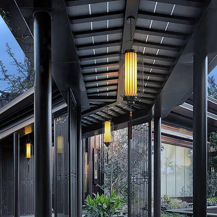 Traditional Chinese Waterproof Carbon Steel Imitation Marble Lantern Cylinder Hollowed Cage 1-Light Pendant Light Outdoor Light For Outdoor Patio