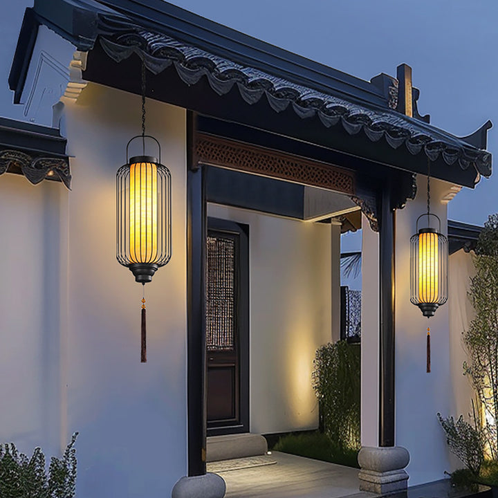 Linterna Tradicional China Impermeable de Acero al Carbono Imitación de Mármol Cilindro Hueco Jaula de 1 Luz Lámpara Colgante Luz Exterior Para Patio al Aire Libre 