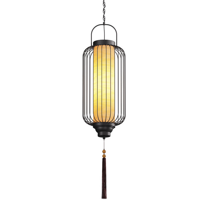 Traditional Chinese Waterproof Carbon Steel Imitation Marble Lantern Cylinder Hollowed Cage 1-Light Pendant Light Outdoor Light For Outdoor Patio