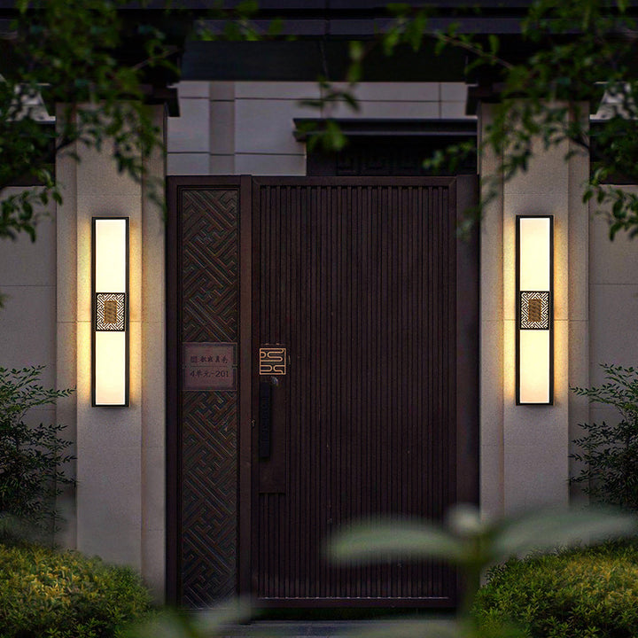 Traditional Chinese Waterproof Copper Imitation Marble Rectangular Lucky Cloud LED Wall Sconce Lamp For Outdoor Patio