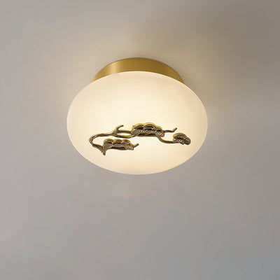 Lámpara de techo semi-empotrada LED tradicional china redonda de latón con mármol, nube de la suerte, pájaro, hoja, árbol y flor para pasillo 