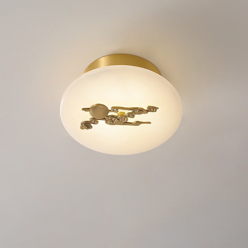 Lámpara de techo semi-empotrada LED tradicional china redonda de latón con mármol, nube de la suerte, pájaro, hoja, árbol y flor para pasillo 