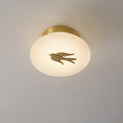 Lámpara de techo semi-empotrada LED tradicional china redonda de latón con mármol, nube de la suerte, pájaro, hoja, árbol y flor para pasillo 