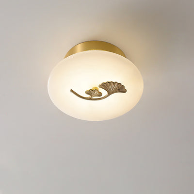 Lámpara de techo semi-empotrada LED tradicional china redonda de latón con mármol, nube de la suerte, pájaro, hoja, árbol y flor para pasillo 