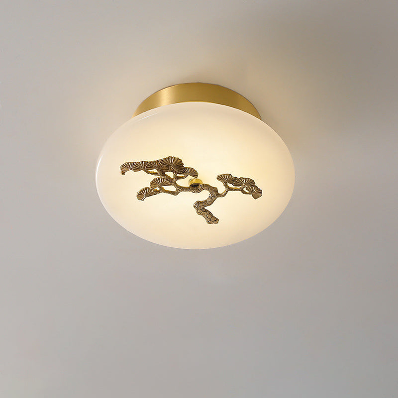 Lámpara de techo semi-empotrada LED tradicional china redonda de latón con mármol, nube de la suerte, pájaro, hoja, árbol y flor para pasillo 