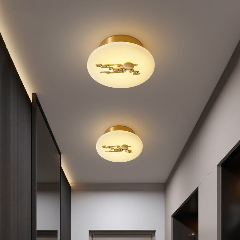 Lámpara de techo semi-empotrada LED tradicional china redonda de latón con mármol, nube de la suerte, pájaro, hoja, árbol y flor para pasillo 