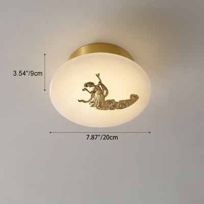 Lámpara de techo semi-empotrada LED tradicional china redonda de latón con mármol, nube de la suerte, pájaro, hoja, árbol y flor para pasillo 