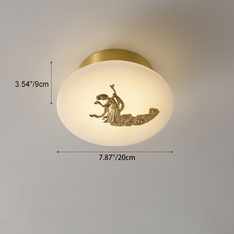 Lámpara de techo semi-empotrada LED tradicional china redonda de latón con mármol, nube de la suerte, pájaro, hoja, árbol y flor para pasillo 