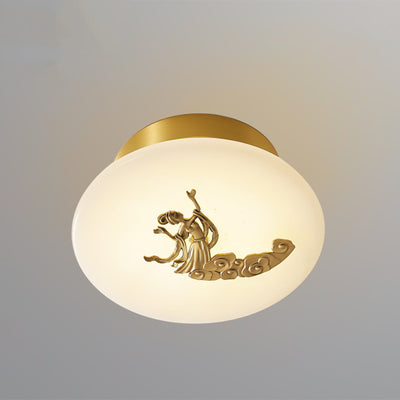 Lámpara de techo semi-empotrada LED tradicional china redonda de latón con mármol, nube de la suerte, pájaro, hoja, árbol y flor para pasillo 