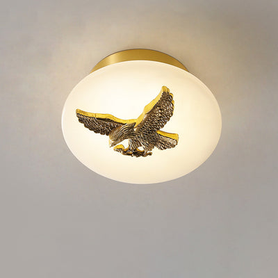 Lámpara de techo semi-empotrada LED tradicional china redonda de latón con mármol, nube de la suerte, pájaro, hoja, árbol y flor para pasillo 