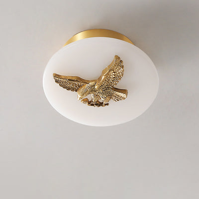Lámpara de techo semi-empotrada LED tradicional china redonda de latón con mármol, nube de la suerte, pájaro, hoja, árbol y flor para pasillo 