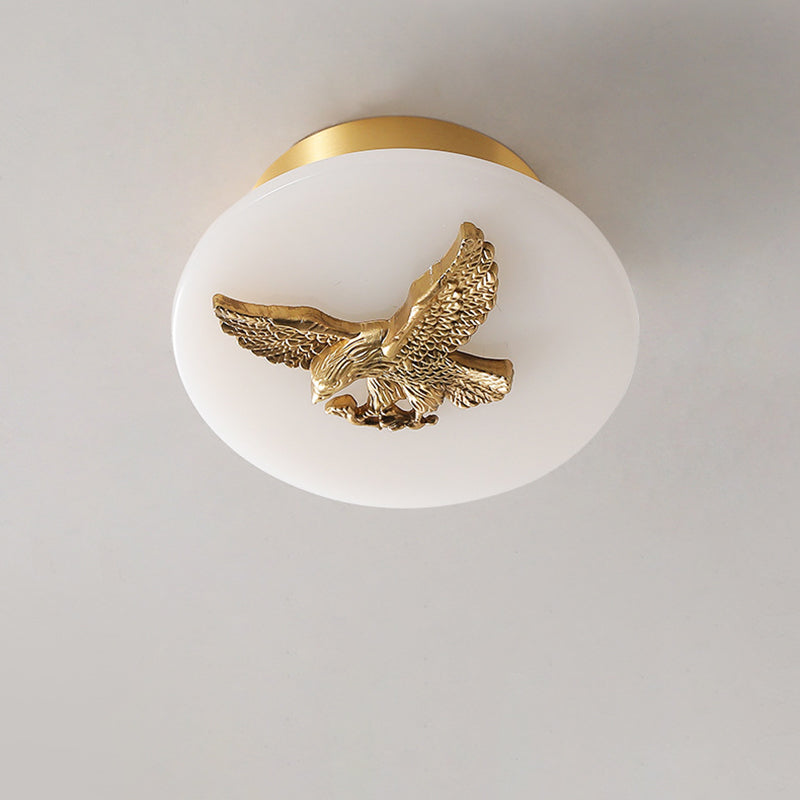 Lámpara de techo semi-empotrada LED tradicional china redonda de latón con mármol, nube de la suerte, pájaro, hoja, árbol y flor para pasillo 
