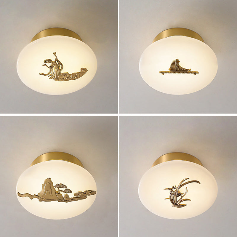 Lámpara de techo semi-empotrada LED tradicional china redonda de latón con mármol, nube de la suerte, pájaro, hoja, árbol y flor para pasillo 
