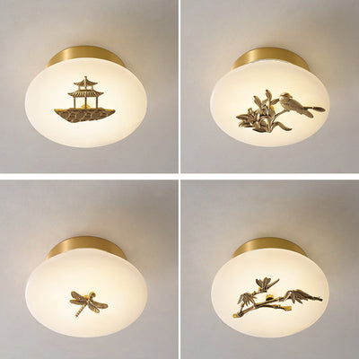 Lámpara de techo semi-empotrada LED tradicional china redonda de latón con mármol, nube de la suerte, pájaro, hoja, árbol y flor para pasillo 