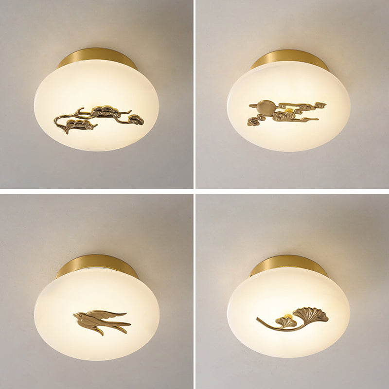 Lámpara de techo semi-empotrada LED tradicional china redonda de latón con mármol, nube de la suerte, pájaro, hoja, árbol y flor para pasillo 