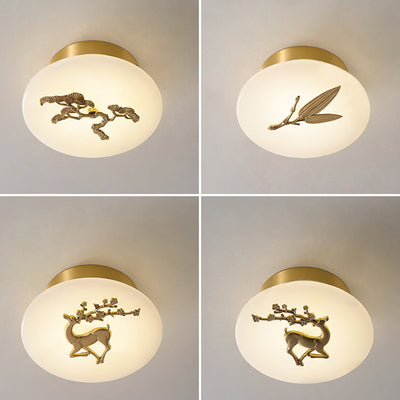 Lámpara de techo semi-empotrada LED tradicional china redonda de latón con mármol, nube de la suerte, pájaro, hoja, árbol y flor para pasillo 