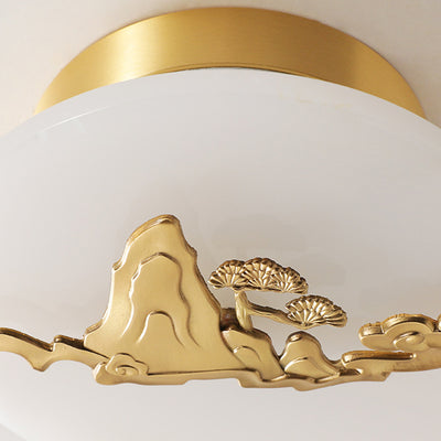 Lámpara de techo semi-empotrada LED tradicional china redonda de latón con mármol, nube de la suerte, pájaro, hoja, árbol y flor para pasillo 