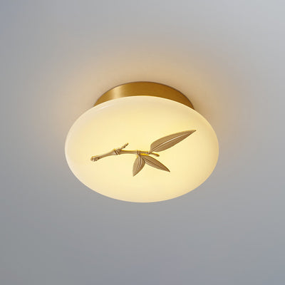 Lámpara de techo semi-empotrada LED tradicional china redonda de latón con mármol, nube de la suerte, pájaro, hoja, árbol y flor para pasillo 