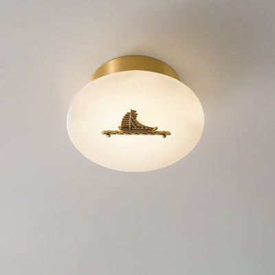 Lámpara de techo semi-empotrada LED tradicional china redonda de latón con mármol, nube de la suerte, pájaro, hoja, árbol y flor para pasillo 