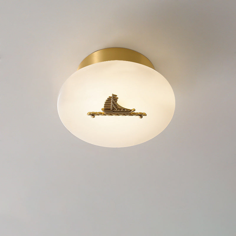 Lámpara de techo semi-empotrada LED tradicional china redonda de latón con mármol, nube de la suerte, pájaro, hoja, árbol y flor para pasillo 