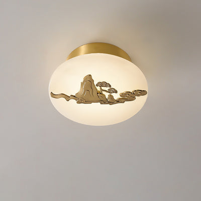 Lámpara de techo semi-empotrada LED tradicional china redonda de latón con mármol, nube de la suerte, pájaro, hoja, árbol y flor para pasillo 