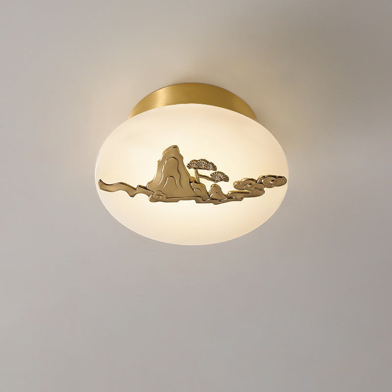 Lámpara de techo semi-empotrada LED tradicional china redonda de latón con mármol, nube de la suerte, pájaro, hoja, árbol y flor para pasillo 