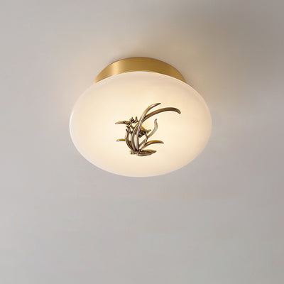 Lámpara de techo semi-empotrada LED tradicional china redonda de latón con mármol, nube de la suerte, pájaro, hoja, árbol y flor para pasillo 