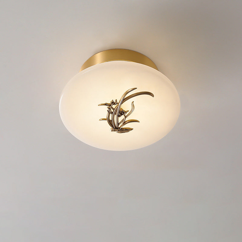 Lámpara de techo semi-empotrada LED tradicional china redonda de latón con mármol, nube de la suerte, pájaro, hoja, árbol y flor para pasillo 